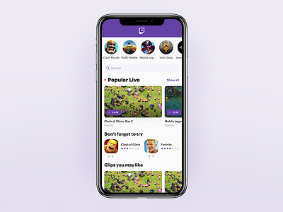 Twitch Mobile. Home Screen app esports ios iphone mobile ui