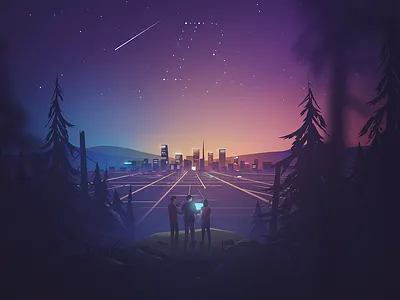 Dreaming Big city forest glow gradient illustration landscape neon night sky stars team teamwork