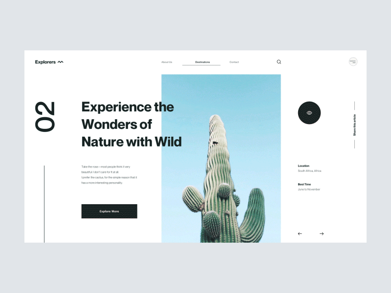 Explorers :: Interaction clean explorers hero header interaction menu minimal nature slide slider transition travel ui design