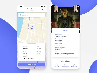 Map and specific point details page adobe xd app experience flat map mobile profile purple screen ui ux