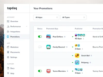Tapdaq - List of Promotions analytics animation apps campaign charts clean dark dashboard graph profile ui web