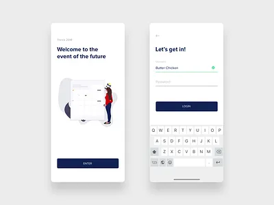Login screens for an event app app blue conference event ios login minimal simple splash splash screen ui welcome