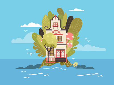 Leisure time clouds house illustration leaf mushroom sea seagull tortoise tree water window