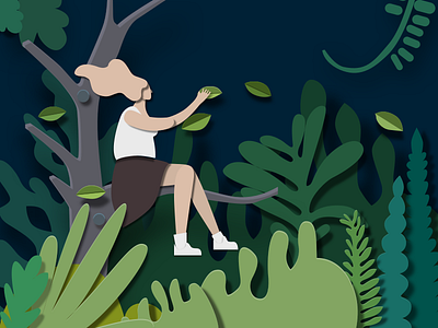 in the forest brushwood cirrus cool girl hair illustration leaf night paper cut skirt tone tree