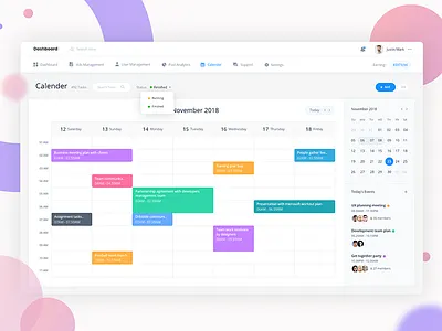 Calendar task management dashboard app application desktop calendar chart account task clean minimal white crm client calender dashboard admin event customer user page search setting profile program chat messenger project manager management ui ux web website template