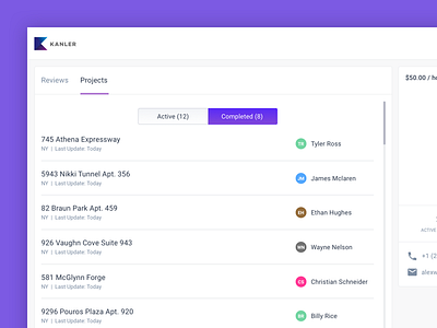 Kanler - Subcontrators Projects charts clean dashboard finance list payment review table ui users web