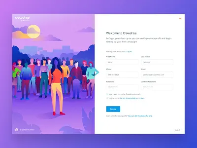 Crowdrise by GoFundMe Sign Up Page charity design form fundraising gradient homepage illustration interface landing minimal page product responsive sign up site user interface ux web web design website