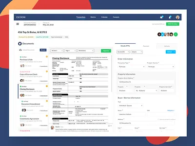 Escrow Web App buttons contracts documents dropdown financial form pdf real estate tabs upload users web app
