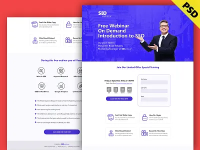 SEOwebinar - Webinar Landing Page blue clean design event event page psd registration form sign up webinar webinar landing page webinar registration page webinar signup page