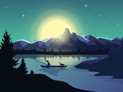 Gone Fishing boat cat fishing illustration landscape nature river sunset tree water