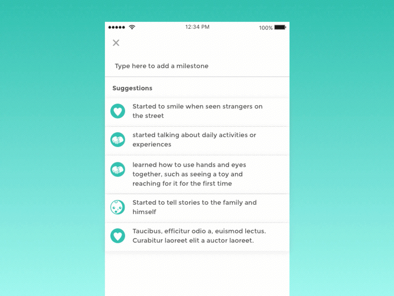 Add Mileston add new auto complete baby app milestones suggestions