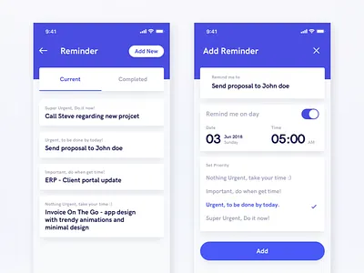 On The Move App - Reminder app blue clean design minimal modern neat reminder ui white