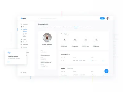 Employee profile (Time off) dashboard humi onboarding profile sign in time off time tracking ui ux