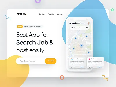 App landing page header agency mobile iphone android ios material homepage home software mockup minimal clay product page promotion search subscribe newsletter job ui ux header slider user interface experience web webdesign website site yellow blue gradient