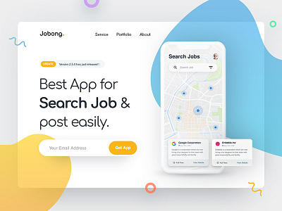 App landing page header agency mobile iphone android ios material homepage home software mockup minimal clay product page promotion search subscribe newsletter job ui ux header slider user interface experience web webdesign website site yellow blue gradient