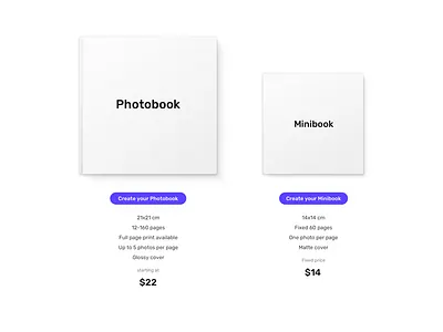 Create your photobook book button clean interface minimal mockup pricing simple ui ux web