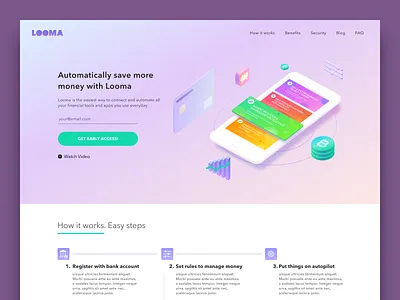 Looma app landing page cards landing page looma mobile app landing robin hood saving ui ux