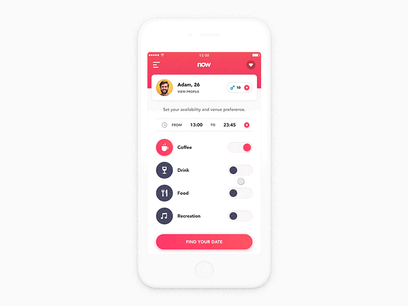 Now - Find Match 2d animation app branding clean dating design illustration ios ixd logo marketing minimal social typography ui ux