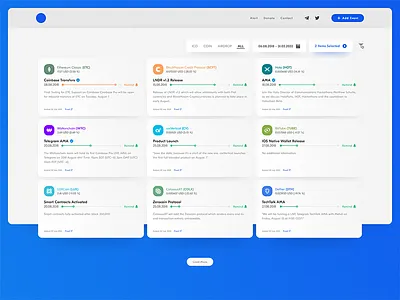 Cryptocurrency Calendar blue calendar coin cryptocurrency dashboard homepage interface invite kit list trend ui