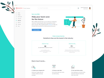 401(k) Landing Page benefits clean feature finance gusto hr illustration landing landing page pricing ui web
