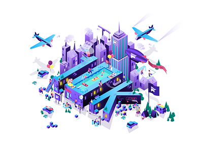 10K Followers 10k followers building illustration community dribbble design services flair digital achievement flair visual identity gratitude party thanks isometric illustrative image milestone celebration violet blue color