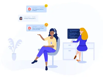 Dedicated support team app blog call center dedicate editorial emoji enterprise forum guide help illustration interaction support team