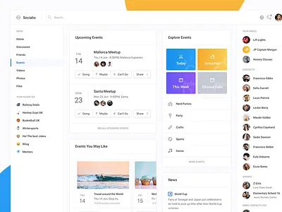 Socialio - Events bar calendar chat dashboard events facebook network news profile social ui web
