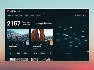 LiveThrough Course List adventure dark ui experience map mountains outdoors roboto roboto condensed search survival travel