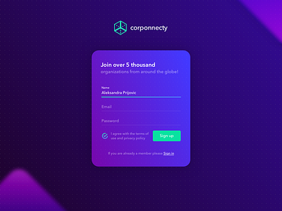 Corponnecty - Sign up 2d app clean dark design form login register signup ui ux web
