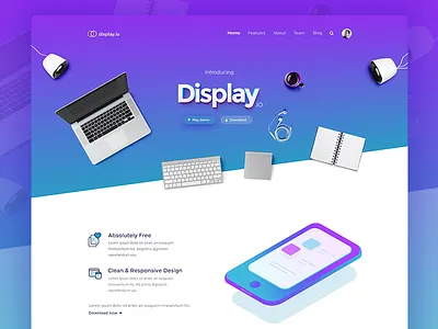 Landing page - Display.io abstract app features flat gradient icons illustration isometric portfolio realistic template testimonials ui website