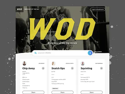 Website Concept: Workout Of The Day (WOD) Library card card layout dark design exercise fit fitness hiit homepage sketch splatter visual design wod workouts yellow