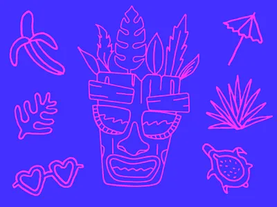 Icon design for Lueberry banana blue doodle fruit glasses heart illustration menu design pink plant restaurant tiki tropical umbrella