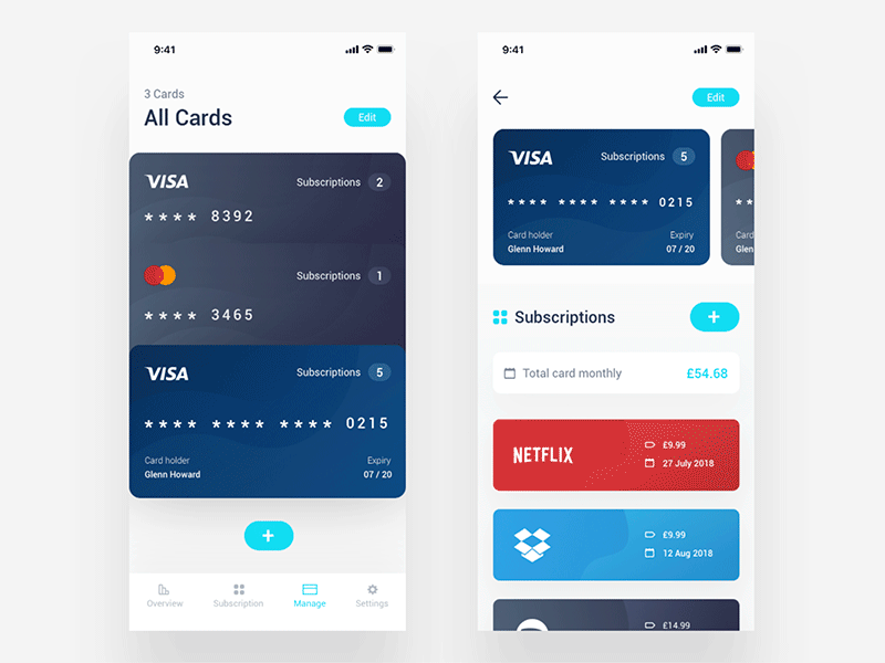 Subscription Manager [Light/Dark] after effects animation app cards credit card dark design interaction ios light subscription typography ui ui style uiux ux
