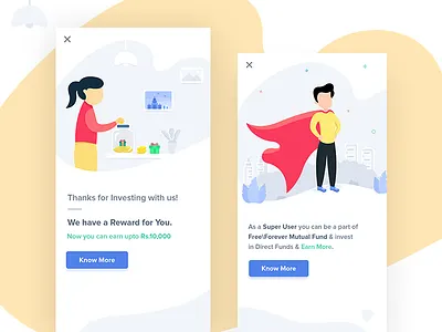 Investment Screens android android app android app design boy illustration character illustration finance android app finance app flat illustration girl illustration illustration invite reward reward illustration rewards super user superboy superuser thankyou ui