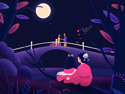 Tanabata illustration blessing confession cowherd illustrations lovers moonlight romance roses stars tanabata trees weaver girl