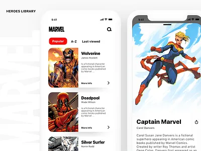 Marvel Heroes Library app cards clean flat heroes ios marvel mobile profile ui uikit ux