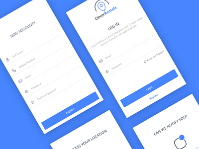 CleverRentals - Login / Signup app blue clean form login mobile onboarding registration rental signup ui ux