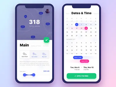 Get Wheels. Filters #1 app calendar car rental date picker filter button filters interaction interaction logic iphonex mobile sliders toggle ui ux vehicle
