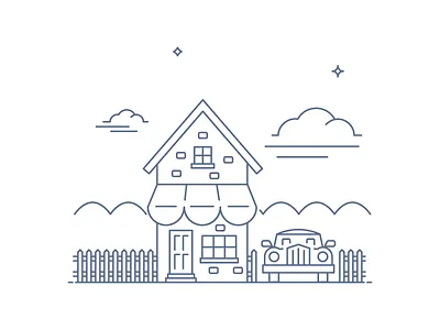 Home car clouds fence home house illustration line outline panorama trees