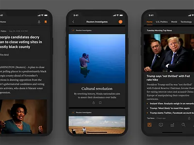 Reuters News Night Mode cards dark mode feed mobile news personalized real news reuters