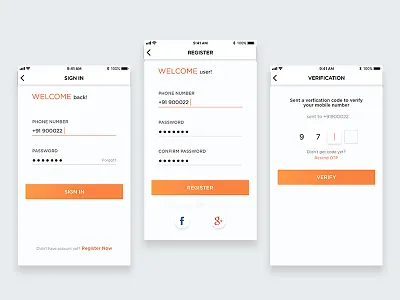 Login Screens fb login login screen mobile ui onboarding screens otp screen otp verification register screen sign in screen verification