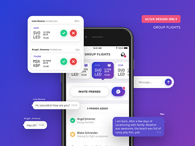 Group flight section. Letundra App android app application chat flight group invitation ios message messenger ui ux