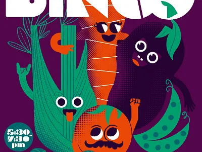 Veggie Bingo anthropomorphic carrot celery character character design custom typography design eggplant flat halftone hand lettering illustration poster tomato veggies