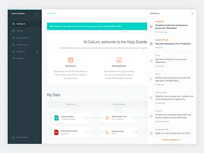 Hazy: Data Dashboard dashboard data database gdpr notifications security sidebar ui design