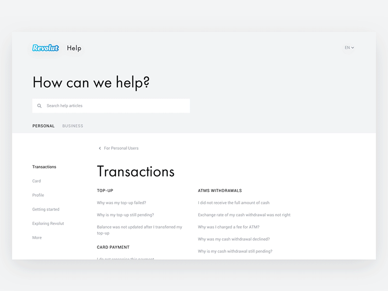 Help Center — Revolut CX animation clean cx desktop digitaldesign faq gif help interaction design minimal minimalism principle support typography ui user interface ux webdesign website