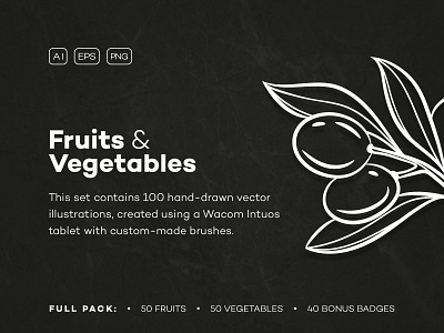 Fruits & Vegetables Hand-drawn Icons bundle collection fruits hand drawn icons natural packaging set vegan vegetables vegetarian vintage