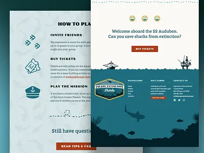 Escape Extinction: Sharks - Footer adventure aquarium escape extinction escape room explore footer homepage jacques cousteau logo new orleans ocean sharks ui ux web design