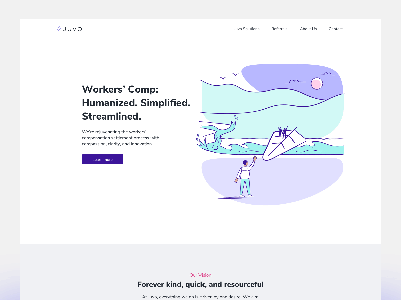 Juvo home page clean juvo landing landing design landing page pink purple scroll typography violet web website websitedesign white white background workers workers comp