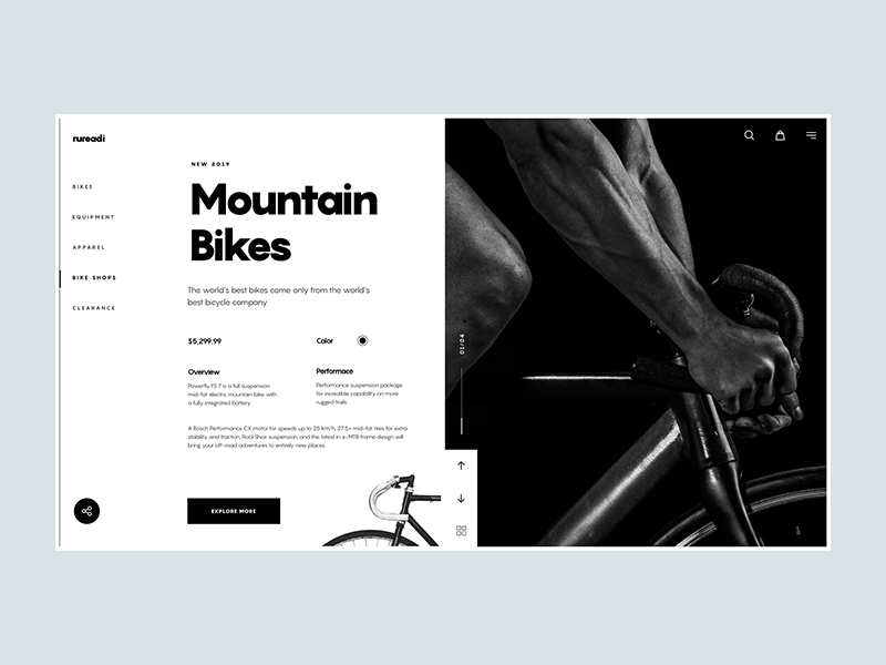 Rureadi II :: Interaction :: Slides after affects aftereffects animated animated gif animation animation 2d animation design bike clean commerce dark dark color dark style hero header interaction landing page shop slide ui design web design