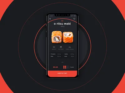 Sushi Restaurant App app black cart delivery favorite food ios iphonex item maki new philadelphia product red restaurant roll salmon sushi
